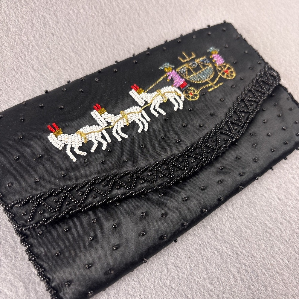Vintage Beaded Clutch Purse Horse Drawn Carriage Fairy Tale Handmade Miles Black